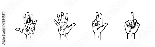 Line drawing shows a set of four hands gesturing the numbers five, four, two, and one finger pointing up on a transparent background