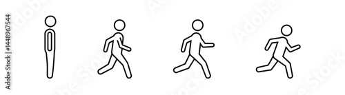 Progression of simple outlined stick figure icons depicting walking motion from standstill to full run, motion sequence. on a transparent background