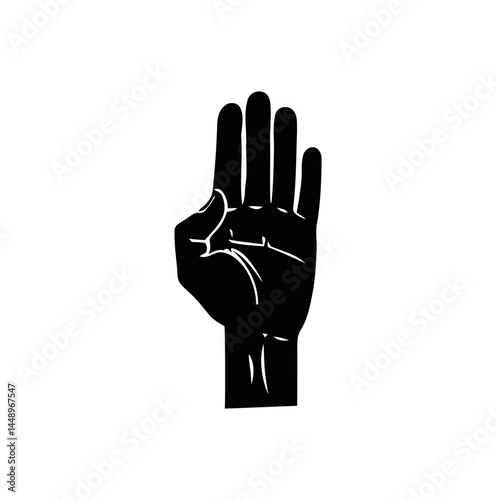Bold black silhouette of an open hand showing four fingers extended upwards in a straightforward manner on a transparent background