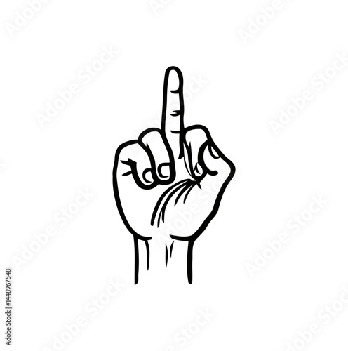 Anatomical Hand Gesture Showing Middle Finger Extended Upward, Offensive Signal, Contempt Expression, Line Drawing Illustration on a transparent background, PNG image, PNG file.