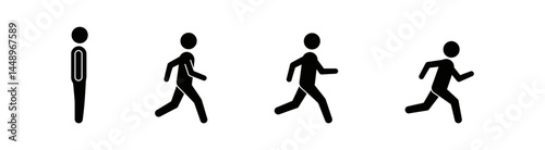 Progression of stick figure walking and running positions, showcasing sequential stages of movement animation cycle, isolated on a transparent background