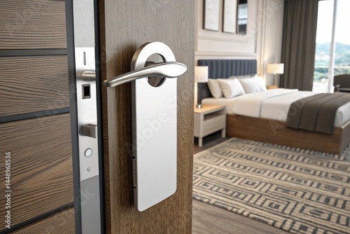 Blank door hanger mockup on modern hotel room door handle. 3D Rendering	
