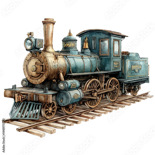 illustration of Antique Steam Locomotive On A Railway Track, watercolor vector, isolated on a white background.