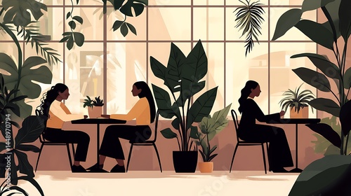 Individuals in a cafe setting surrounded by plants
