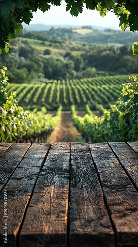 Vineyard landscape view from wooden table