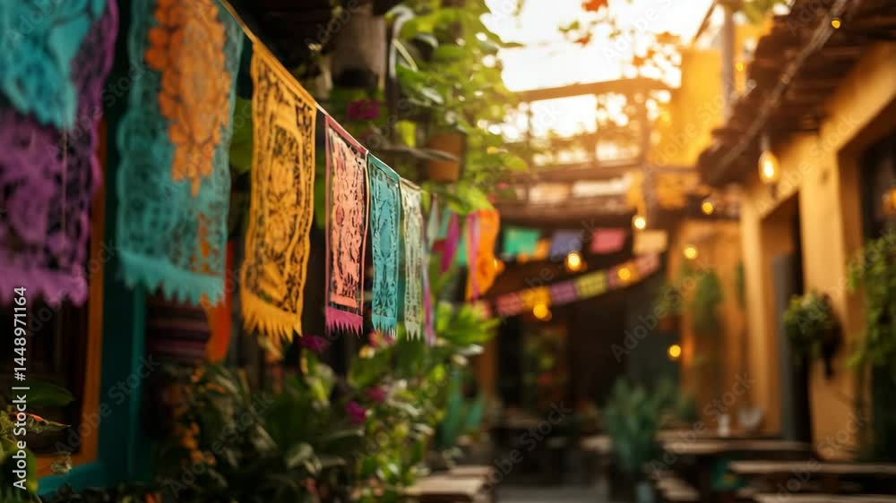 Vibrant papel picado banners adorn a festive outdoor space, bathed in warm, golden light.