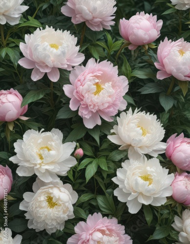 Luscious pink and white peonies, lush green foliage , still life, texture, macro photography