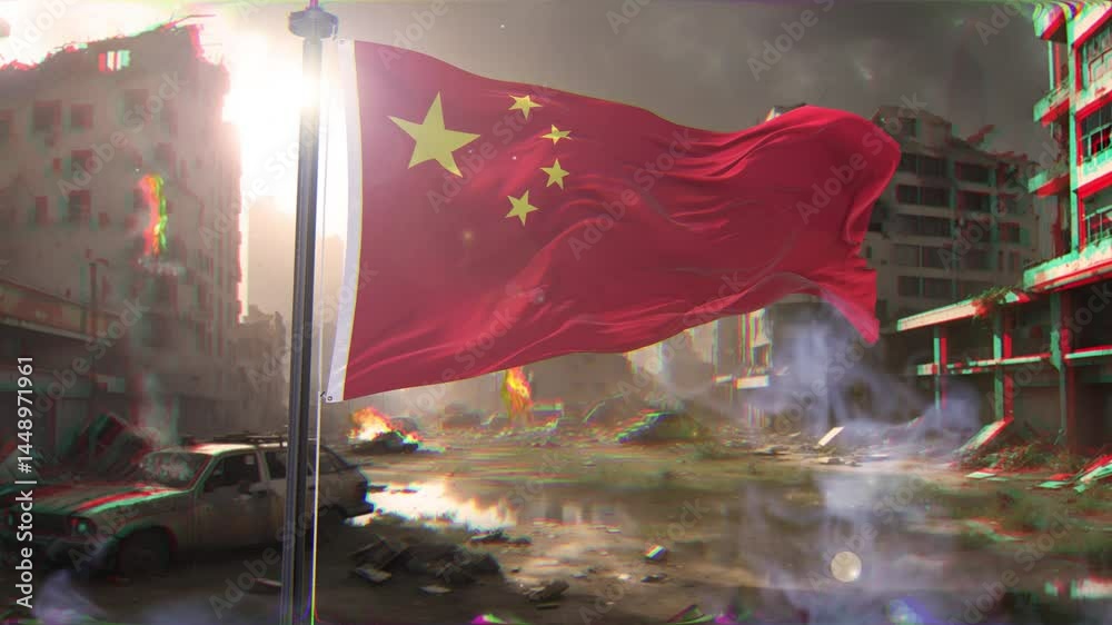  China Flag and war background destroyed megalopolis