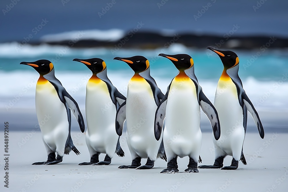 Obraz premium Majestic King Penguins stroll on a pristine Antarctic beach their elegant gait a breathtaking sight against the