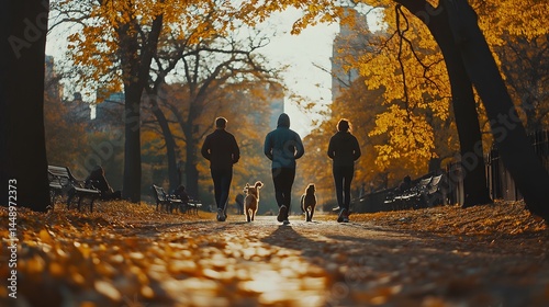 People jogging with dogs through autumn city park, cinematic photography with golden foliage, warm sunlight, urban skyline silhouettes and peaceful active lifestyle atmosphere.
