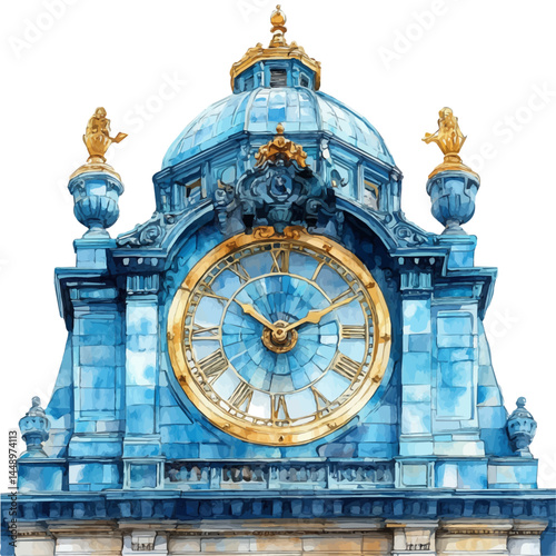 illustration of Antique Clock Tower, watercolor vector, isolated on a white background.