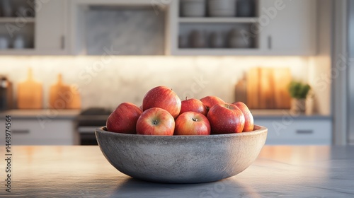 Fresh apples in bowl on countertop photo
