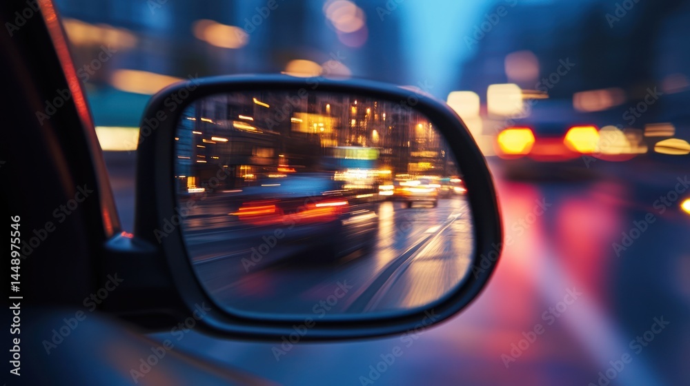Blurred Cityscape Seen Through Car Side Mirror at Dusk Capturing Urban Transit Blurred Cityscape Seen Through Car Side Mirror at Dusk Capturing Urban Transit