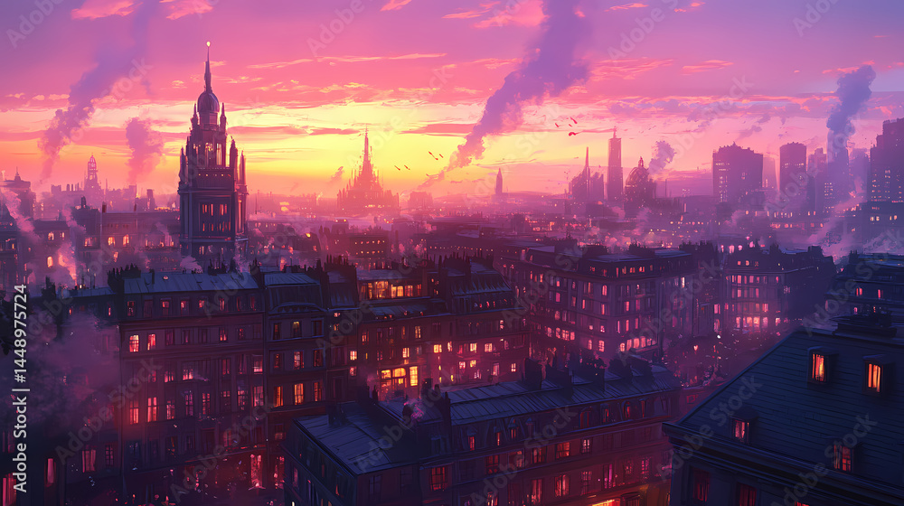 Obraz premium Sunset over a fantasy city. [Dream Architectures] | Velvet Domes | plush tops. Illustration