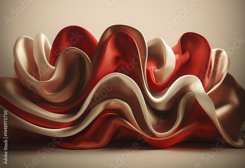 Abstract composition of flowing red and cream shapes. Smooth, glossy surfaces create a dynamic and interconnected visual.