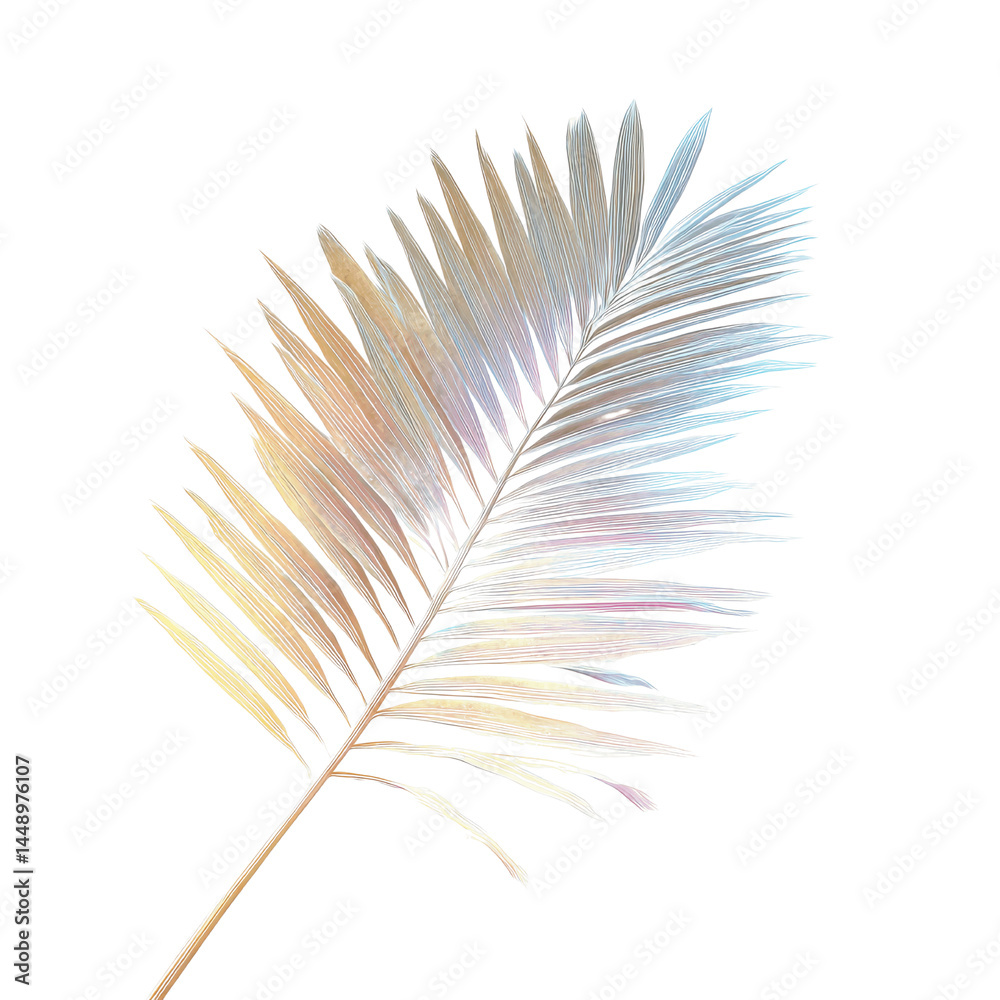 Fototapeta premium Iridescent Palm Frond on Green Transparent background - Tropical Botanical Illustration
