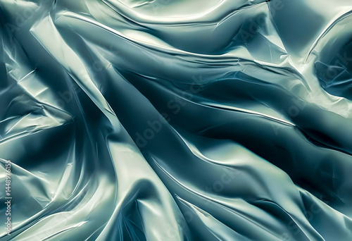 Elegant teal satin fabric with flowing folds. Versatile for textures, backgrounds, fashion, or design concepts
