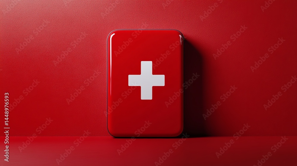 Obraz premium Red First Aid Kit Box Medical Emergency Healthcare Supplies Help Safety Protection Essential Aid Kit Red Cross Symbol Health Clinic Doctor Hospital Treatment Medicine 