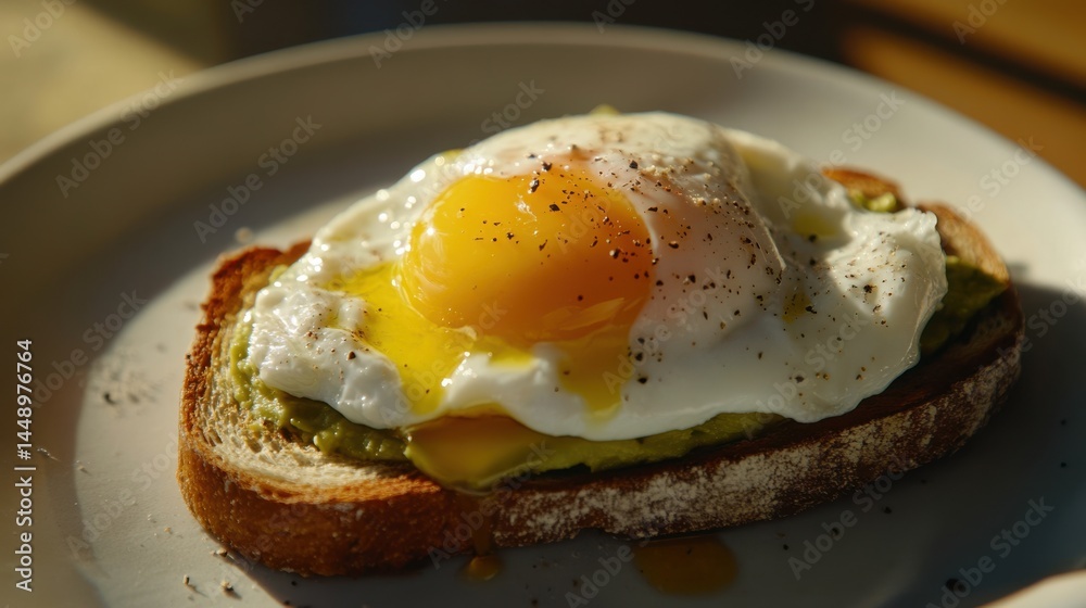 Delicious Avocado Toast with Fried Egg and Seasoned Yellow Yolk Delicious Avocado Toast with Fried Egg and Seasoned Yellow Yolk