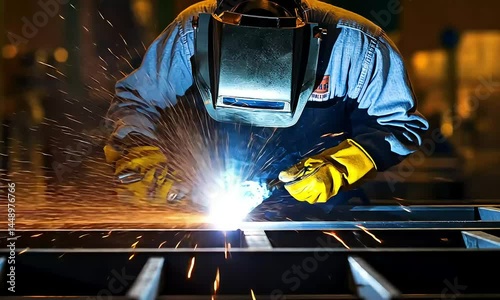 Metalworker performs welding on steel structure with protective gear and glowing sparks