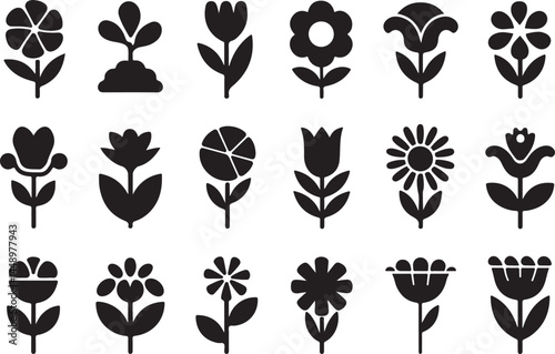 flowers and leaves icon silhouette bundle isolated illustration