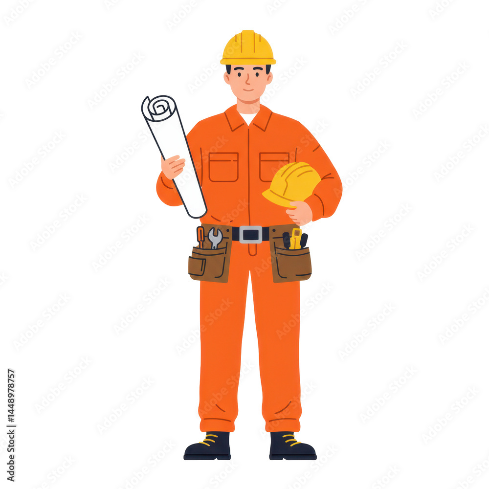 Professional construction worker with tools and plans illustration Professional construction worker with tools and plans illustration