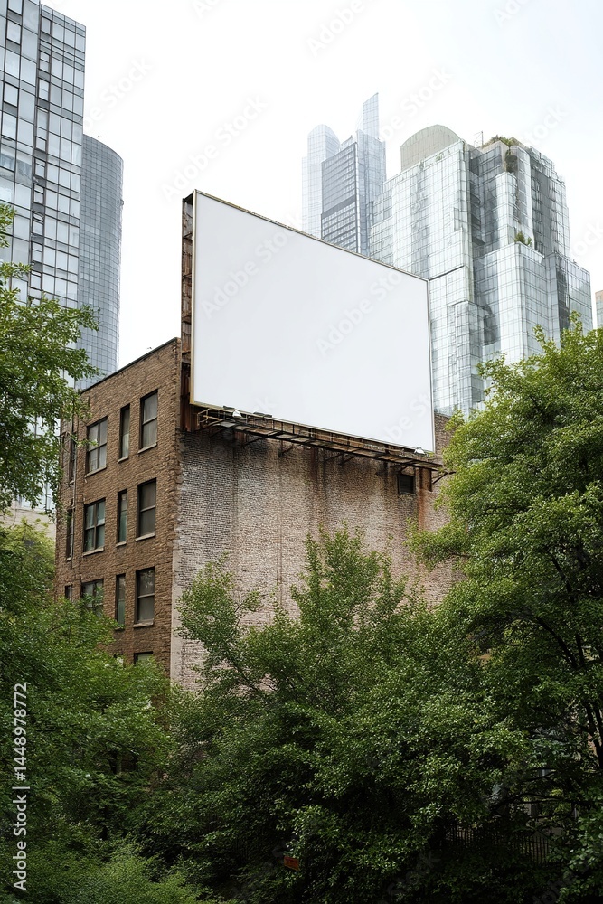 Blank Billboard Topping Urban Building Surrounded by Trees and City Skyline Blank Billboard Topping Urban Building Surrounded by Trees and City Skyline
