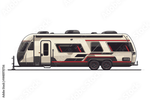 A white and red trailer with black wheels. The trailer is parked on a white background
