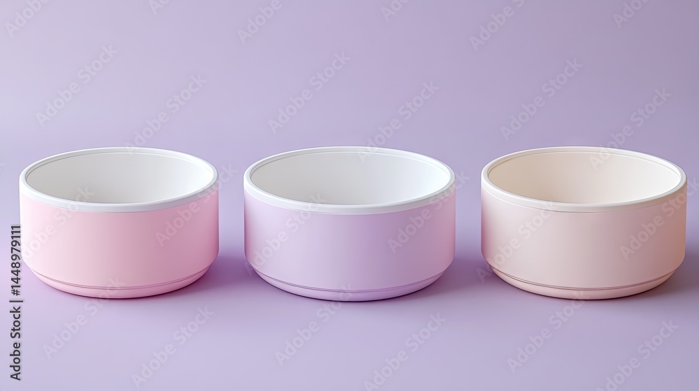 Three pastel-colored bowls arranged in a row on a background. Three pastel-colored bowls arranged in a row on a background.