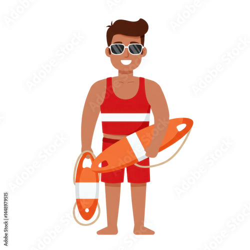 Smiling lifeguard holding life preserver and life vest cartoon illustration