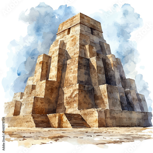 illustration of Ancient Ziggurat Of Ur, watercolor vector, isolated on a white background.