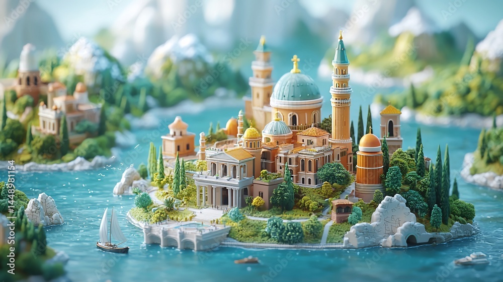 Obraz premium Miniature island city, serene landscape