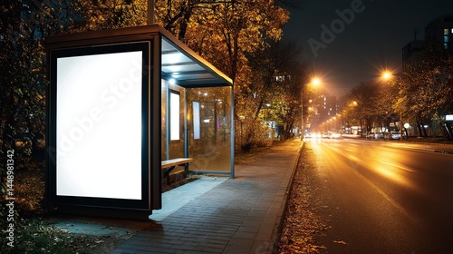 Blank Billboard Advertisement Bus Stop Night City Urban Public Transportation Mockup Template Design Modern Illuminated Advertising Signage Autumn Leaves Evening Road