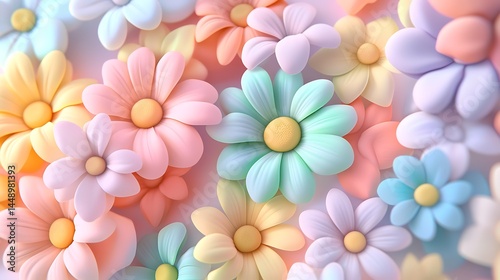 Colorful and playful squishy rubber daisy flowers in 3D with pastel tones generative ai