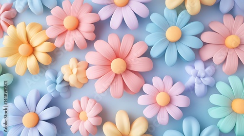 Colorful and playful squishy rubber daisy flowers in 3D with pastel tones generative ai