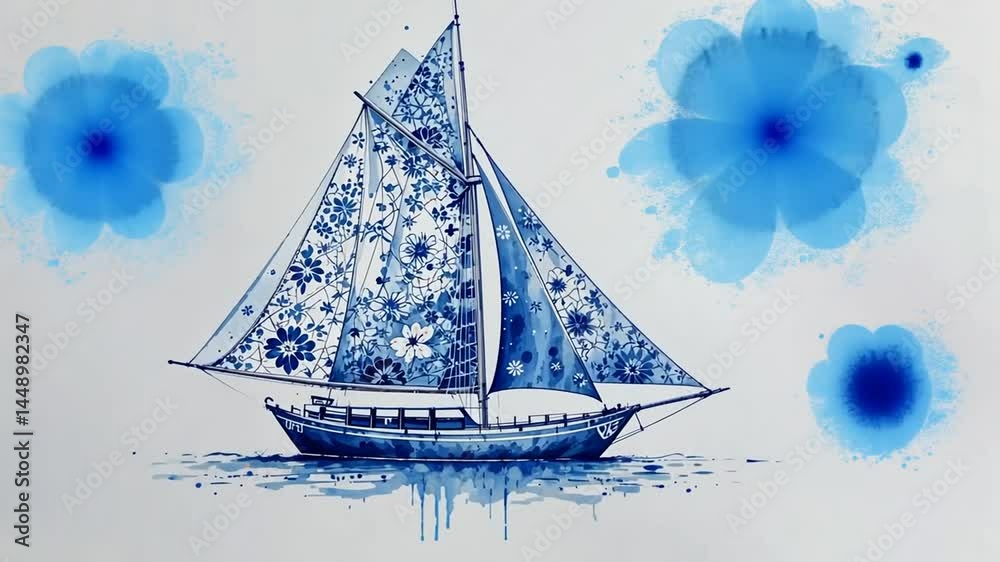 watercolor painting and drawing technique – sailboat on a white background.