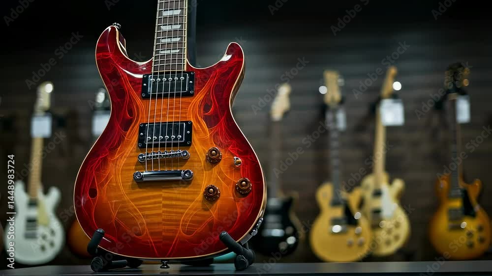 AI-generated of a closeup of a shiny electric guitar with flames print on a stand
