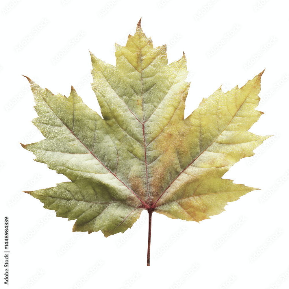 Fototapeta premium Single Frost-Covered Maple Leaf on Cyan Transparent background