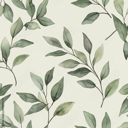 Watercolor greenery leaves in a seamless pattern