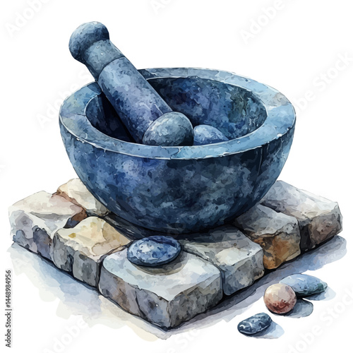 Ancient Alchemists Stone Mortar And Pestle, vector watercolor illustration, isolated on a white background.