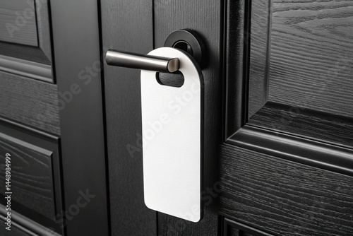 Close up mockup of a blank white door hanger on a black hotel room doorknob