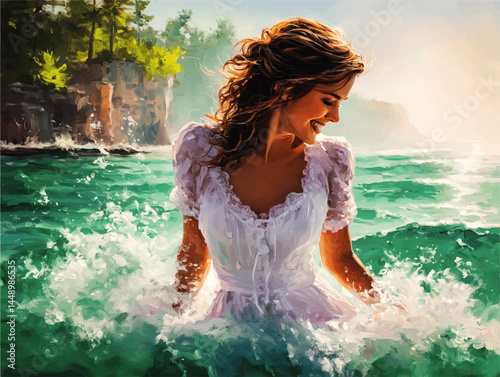Joyful Woman in White Dress Smiling in Turquoise Ocean Waves by Sunny Cliffs – Vibrant Summer Artistic Painting