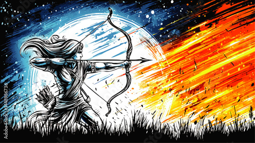 Epic Female Archer Silhouette Aiming Bow Against Dramatic Blue and Orange Sky, Artistic Night Illustration