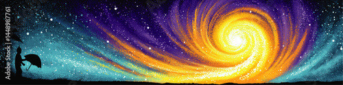 Surreal Night Sky with Yellow Swirl Galaxy, Silhouette of Man and Elephant Under Palm Tree, Vibrant Fantasy Landscape Art