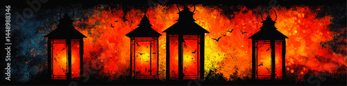 Vintage Lanterns Silhouette Against Fiery Watercolor Sunset with Birds – Dramatic Artistic Background for Posters and Designs