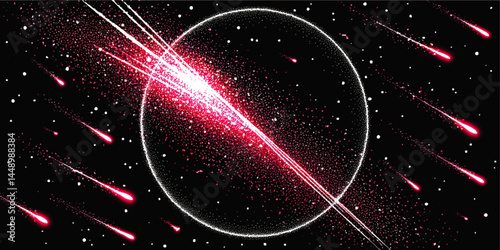 Vibrant Abstract Space Art with Neon Pink Meteors, Cosmic Explosion, and Glowing Planet on Black Background – Futuristic Sci-Fi Illustration