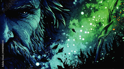 Mystical Elder Portrait in Abstract Blue and Green Forest, Fantasy Art with Cosmic Night Sky and Surreal Nature Details