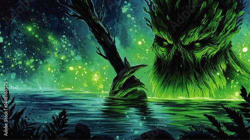 Enchanted Forest Spirit Emerging from Mystical Lake at Night – Fantasy Nature Illustration with Glowing Green Light