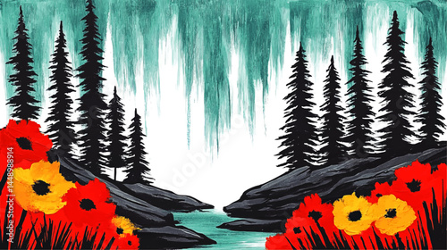 Vibrant Northern Landscape Painting with Wildflowers, Pine Trees, Water, and Aurora Borealis Sky - Modern Nature Art