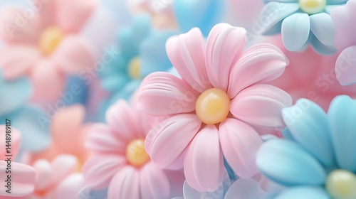 Soft pastel-toned 3D squishy rubber daisy flowers with playful character generative ai